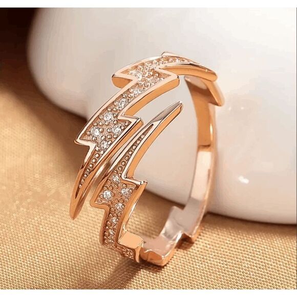 Brand New Rose Gold Plated Adjustable CZ Lightning Ring - OS - Picture 1 of 4